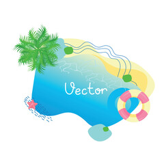 Summer background frame with sea and beach aerial view with copy space for text. Vector illustration of a vacation by the sea in a simple modern style.