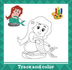 Trace and color for kids, mermaid no 2 vector illustration.