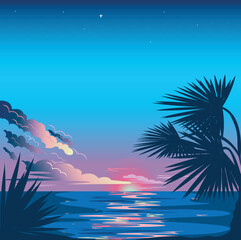 Fototapeta na wymiar Beautiful sunrise over a tropical beach. Landscape with sea and palm tree. Rest and travel. Vector illustration.