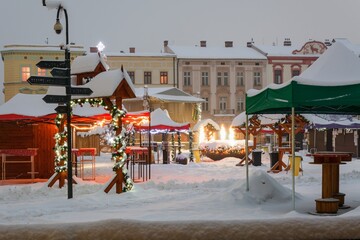  Christmas markets on the snowy square at dawn. Novy Jicin 2022. Czechia.
