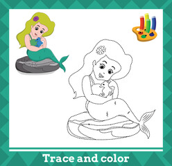 Trace and color for kids, mermaid no 14 vector illustration.