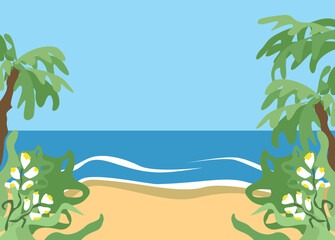 Tropical beach with palm tree and shining sea for screensaver, banner or poster. Summer vacation by the sea vector vertical background