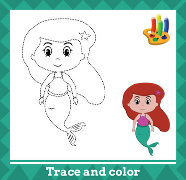 Trace and color for kids, mermaid no 13 vector illustration.