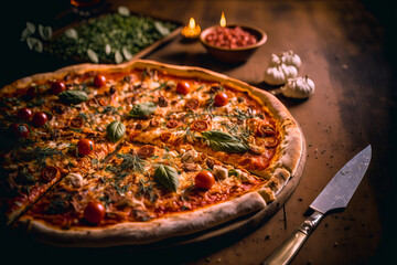 A delicious pizza lies on a table in a restaurant