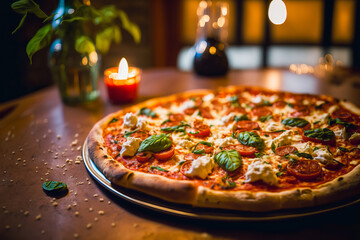 A delicious pizza lies on a table in a restaurant