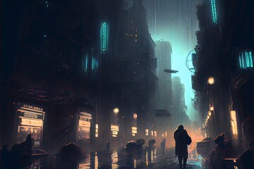 Cyberpunk illustration of a futuristic. dystopian city at night with rain and fog. Generative AI