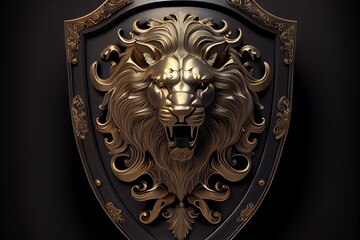 A decorative shield featuring a lion head with gold accents on a black background. Generative AI