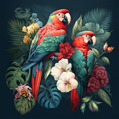illustration of multicolored parrots among the flowers ,image generated by AI