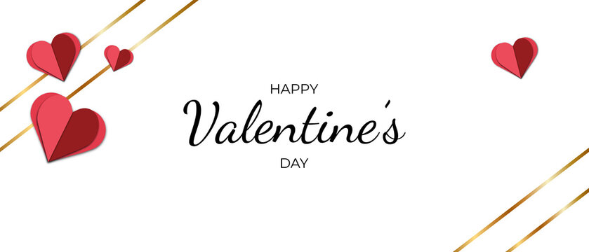 Happy Valentine's Day banner. Festive banner with golden ribbons "Happy Valentine's Day" with paper hearts. Horizontal poster, flyer, greeting card, website header. PNG image