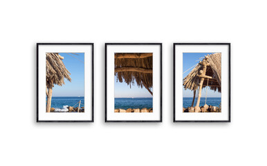 Three black frames collage isolated on white wall, Straw umbrellas and sea view motif