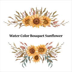 beautiful water color bouquet sunflowers and brown color leave