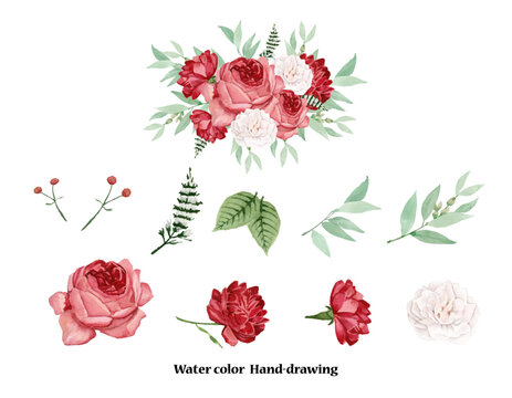 watercolor hand drawing floral bouquet of red rose isolated flower painted