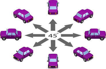 Rotation 3d car by 45 degrees. Mesh car in different angles in isometric view.