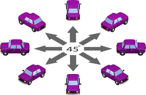 Rotation 3d car by 45 degrees. Mesh car in different angles in isometric view.