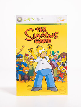 london, england, 05/08/02019 The Simpsons Game XBOX 360 instruction manual only. isolated on a white studio background. retro and vintage software from nintendo.