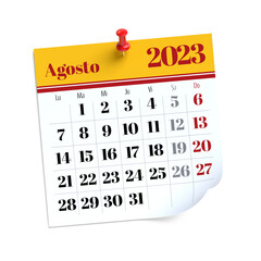 August Calendar 2023 in Spanish Language. Isolated on White Background. 3D Illustration