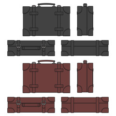 Set of color illustrations with leather retro suitcase, case. Isolated vector objects on white background.