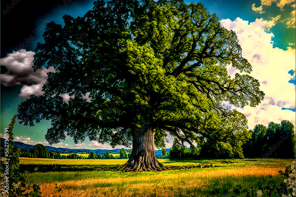 Aufkleber a large tree in a field - generative ai