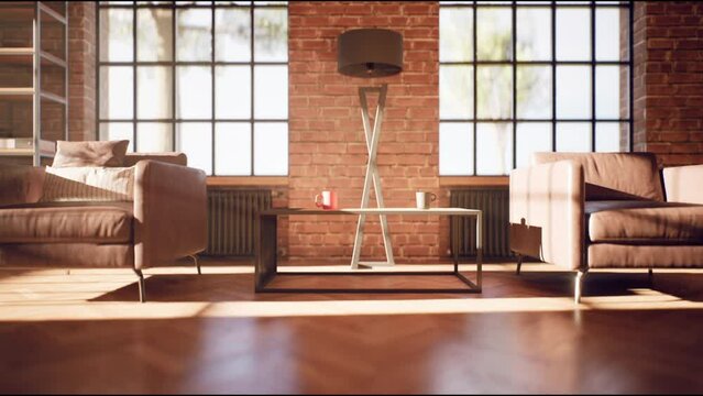 Loft interior, two chairs and coffee table with two cups . Slider cinematic motion, rays of light through window