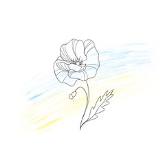 Stop the war in Ukraine. Ukrainian yellow-blue flag and and poppies. Glory to Ukraine - patriotic line art tattoo