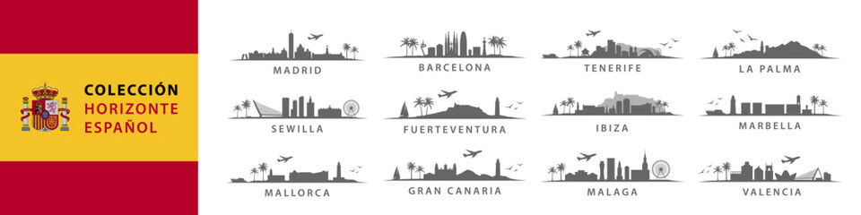 Colección de skylines españoles, grandes ciudades de España, Madrid, Barcelona, Sevilla, Málaga, Valencia, Marbella, Ibiza, Tenerife, Las Palmas, Gran Canaria - obrazy, fototapety, plakaty