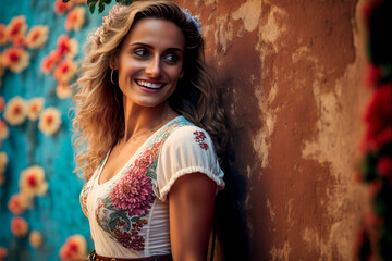 Fototapeta premium Fictional Person, happy beautiful european woman in red outfit leaning against a wall with red flowers, generated by ia