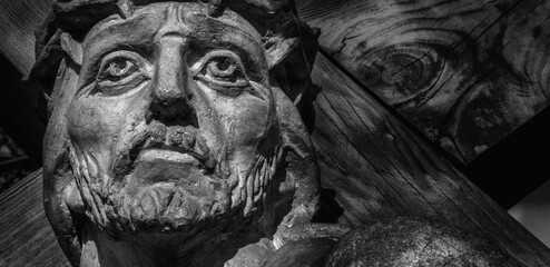 Jesus Christ in a crown of thorns. Love, faith and religion concept. Copy space.