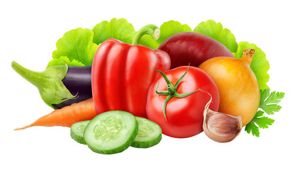 Fresh vegetables (tomato, onions, bell pepper, cucumber, carrot, aubergine, lettuce) cut out