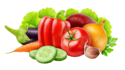 Fresh vegetables (tomato, onions, bell pepper, cucumber, carrot, aubergine, lettuce) cut out