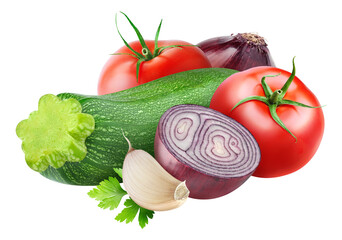 Raw vegetable saute ingredients (zucchini, red onions and tomatoes) cut out