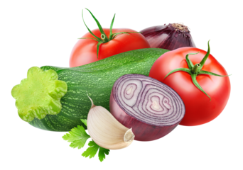 Raw vegetable saute ingredients (zucchini, red onions and tomatoes) cut out