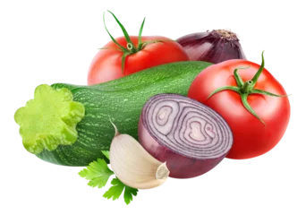 Gordijnen Raw vegetable saute ingredients (zucchini, red onions and tomatoes) cut out © ChaoticDesignStudio