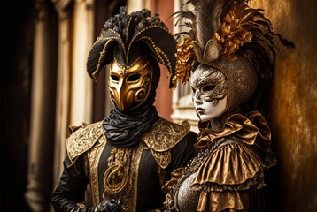 Venetian Carnival Masquerade Illustration, Luxury Ornate Venetian Masks and Costumes, Fictional Characters, Generative AI