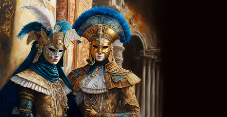 Venetian Carnival Masquerade Illustration, Luxury Ornate Venetian Masks and Costumes, Fictional Characters, Generative AI