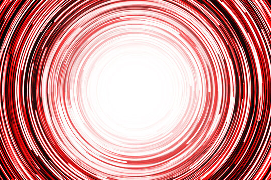 Neon circle lines with empty copy space isolated on black background. Colorful led lights long exposure rotation photo. Eco shiny light glow. Cosmos space planet abstraction. Red vortex spiral.