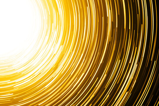 Abstract Sun, Neon Circle Lines With Empty Copy Space Inside Isolated On Black Background. Yellow Led Lights Long Exposure Rotation Photo. Orange Light Source. Cosmos Space Sun Planet Abstraction.