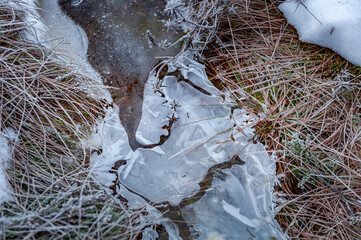 Frosty ice over water. Winter Cold swamp, where ice, icicles and patterns formed.
