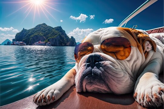 sleeping Bulldog with sunglasses lying On the yacht. Generative AI
