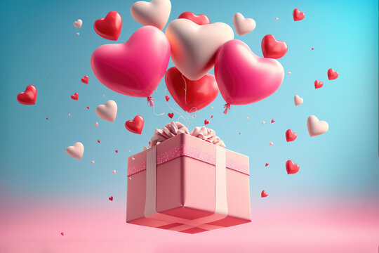 valentines day concept 3D heart shaped balloons flying with gift boxes on pink background. Love concept for Happy Mother's Day. Valentine's Day. Generative AI