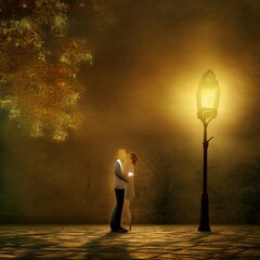 Obraz premium Couple, femme et homme, s'embrassant de nuit à la lumière d'un réverbère.