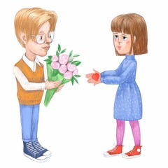 The boy gives the girl flowers for the holiday, the girl gives a valentine to the boy, gifts for Valentine's Day, congratulations. color digital illustration