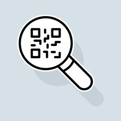 Search with qr code line icon. Sticker, product labeling, scan with smartphone, scan me icon, laptop, scanner, purchase, shopping. Technology concept. Vector sticker line icon on white background