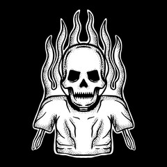 Burning skull art Illustration hand drawn black and white vector for tattoo, sticker, logo etc