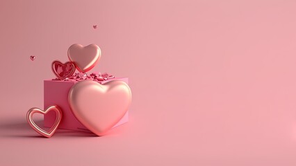 Heart and gift box 3d illustration isolated on pink background with copy space