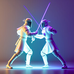 Fototapeta na wymiar two fencers in white suits fight with rapiers in neon light on a white background