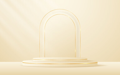 Cream podium with cream curved border and gold lines on the back for product presentation. Cosmetic product display. vector illustration
