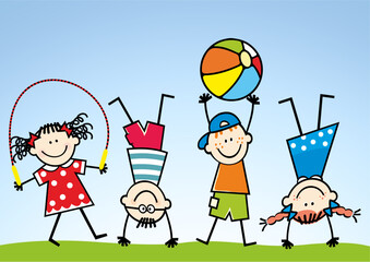 Four sports children on grass. Boys and girls with beach ball and jump rope. Doing a handstand. Colour vector illustration on blue background.