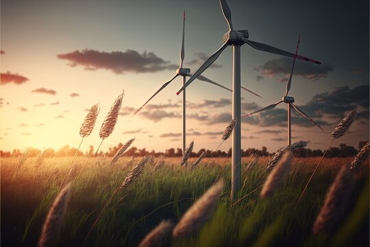 Wind turbines farm. Ocean, grass-field, desert. 3d illustration made with Generative AI