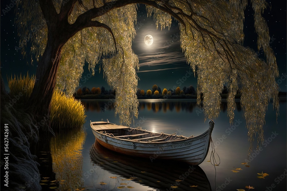 Poster a boat is sitting on the water under a tree with a full moon in the background and a tree with leave