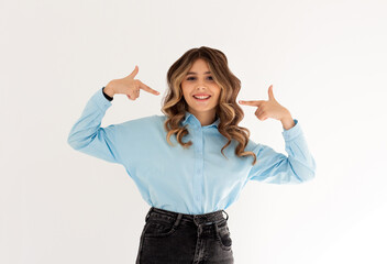 Portrait of her she nice attractive lovely pretty content cheerful cheery glad girl pointing at herself cool good choice isolated over white background